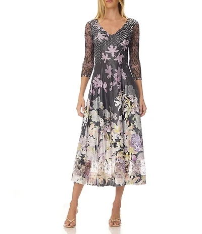 Komarov Orchid Border Floral Lace 3/4 Sleeve Charmeuse and Lace Midi Dress