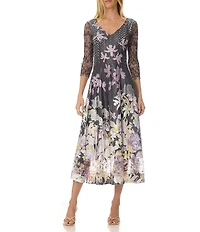 Komarov Orchid Border Floral Lace 3/4 Sleeve Charmeuse and Lace Midi Dress