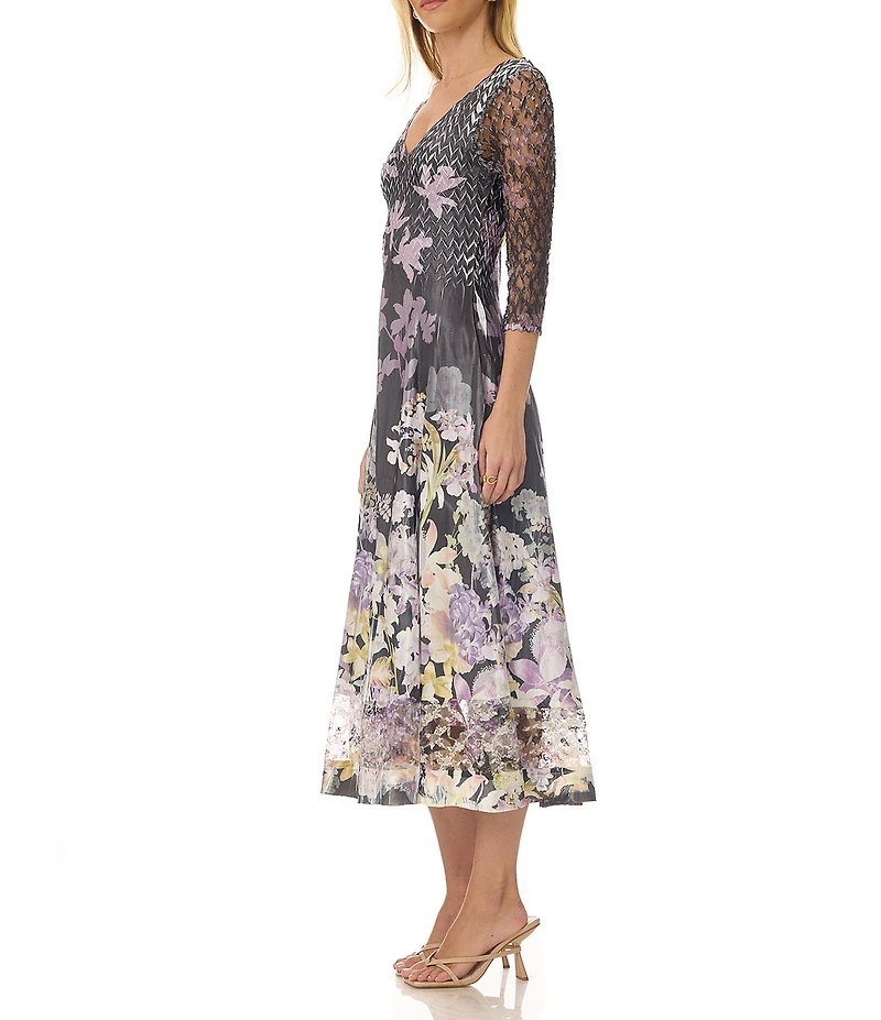 Komarov Orchid Border Floral Lace 3/4 Sleeve Charmeuse and Lace Midi Dress
