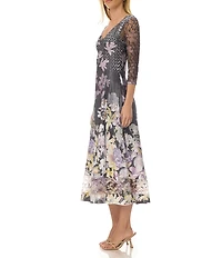 Komarov Orchid Border Floral Lace 3/4 Sleeve Charmeuse and Lace Midi Dress
