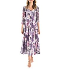 Komarov Morning Glory Floral Lace 3/4 Sleeve Charmeuse and Lace Midi Dress