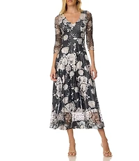 Komarov Lace Floral Print 3/4 Sleeve Charmeuse and Lace Midi Dress