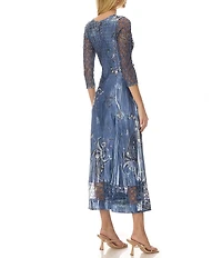 Komarov Lace Paisley Print 3/4 Sleeve Charmeuse and Lace Midi Dress