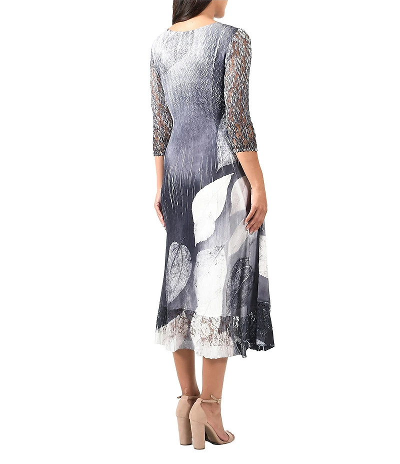 Komarov Lace Pleated Print Charmeuse V-Neck 3/4 Sleeve Midi Dress