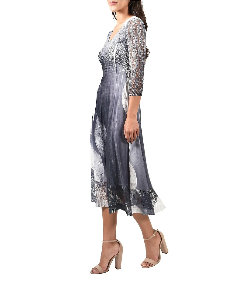 Komarov Lace Pleated Print Charmeuse V-Neck 3/4 Sleeve Midi Dress