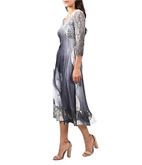 Komarov Lace Pleated Print Charmeuse V-Neck 3/4 Sleeve Midi Dress