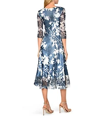 Komarov V-Neck Sheer Hem 3/4 Sleeve Midnight Vine Floral Print Charmeuse Midi Dress