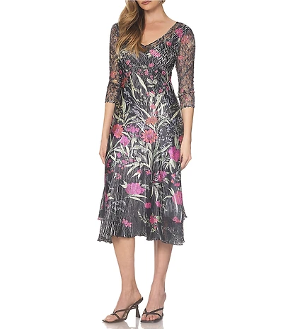 Komarov Lace Tiered Fit & Flare 3/4 Sleeve Midi Dress