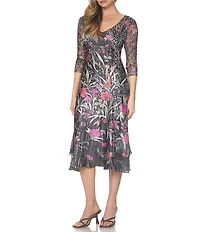 Komarov Lace Tiered Fit & Flare 3/4 Sleeve Midi Dress