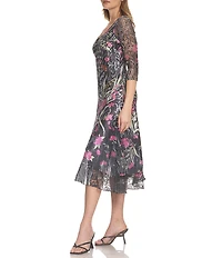 Komarov Lace Tiered Fit & Flare 3/4 Sleeve Midi Dress