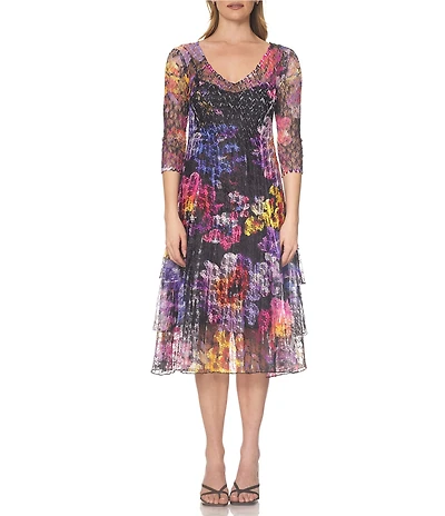 Komarov Lace V-Neck Pleated Midi Dress