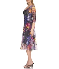 Komarov Lace V-Neck Pleated Midi Dress