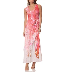 Komarov Long Printed Dress With Cascading Ruffle