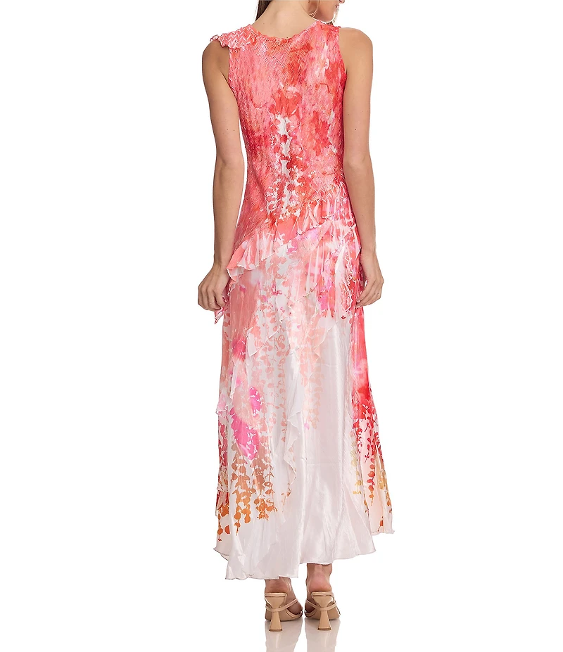 Komarov Long Printed Dress With Cascading Ruffle