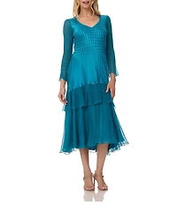 Komarov Long Sleeve V Neck Ruffle Tier Midi Dress