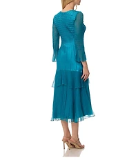 Komarov Long Sleeve V Neck Ruffle Tier Midi Dress