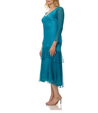 Komarov Long Sleeve V Neck Ruffle Tier Midi Dress
