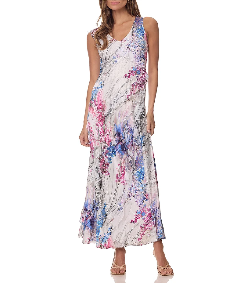 Komarov Maxi Printed Dress With Cascading Ruffle