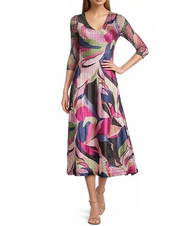 Komarov Mod Tropic Print Charmeuse Lace 3/4 Sleeve Midi Sheath Dress