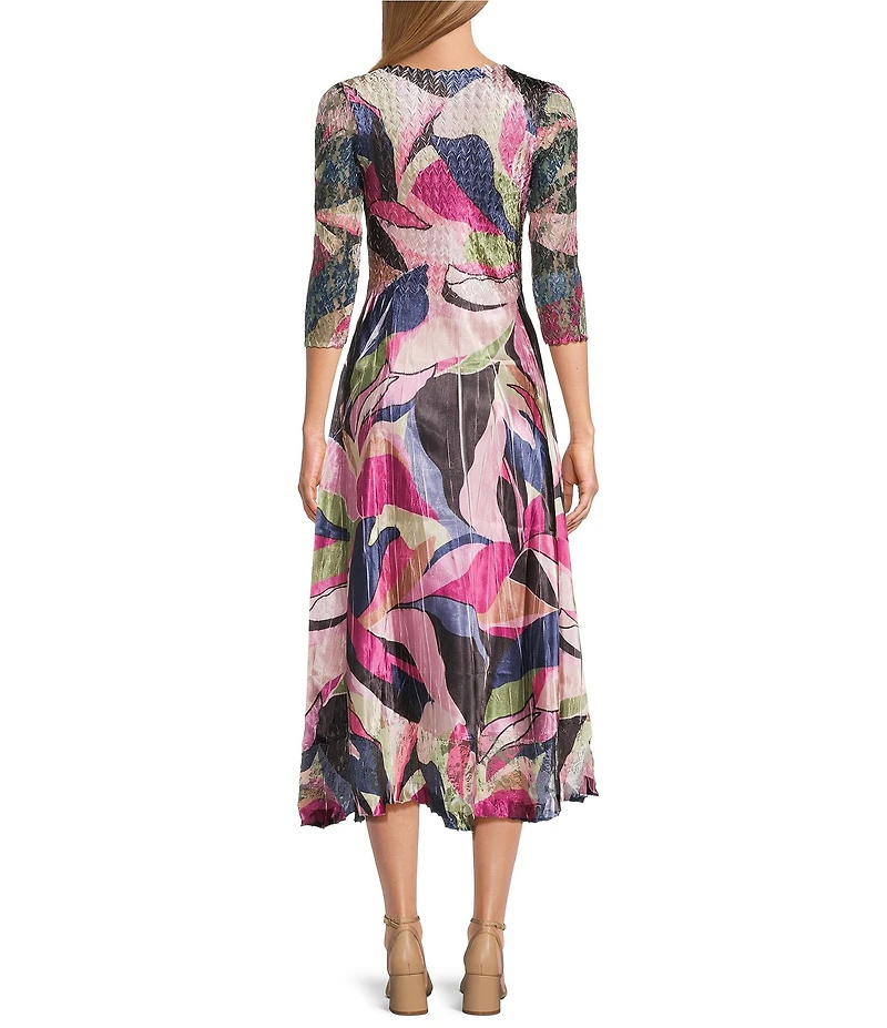 Komarov Mod Tropic Print Charmeuse Lace 3/4 Sleeve Midi Sheath Dress