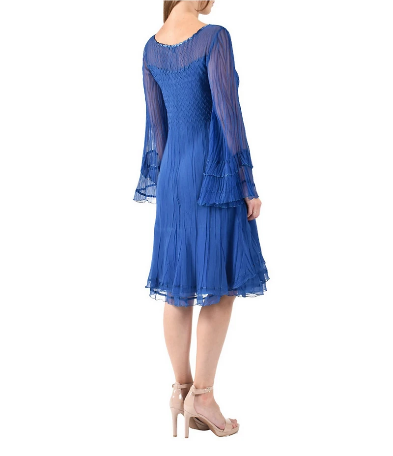 Komarov Pleated Chiffon Keyhole Neck Long Sleeve Fit and Flare Dress