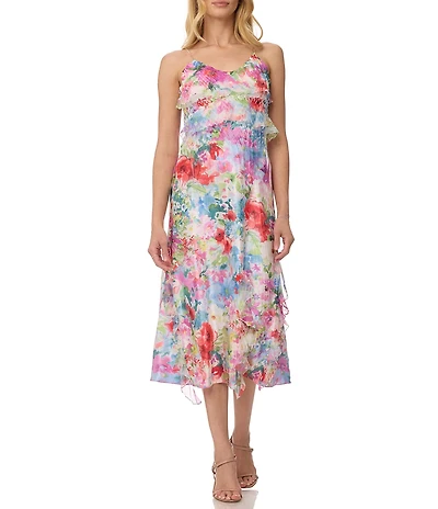 Komarov Printed Charmeuse Sheath Midi Dress With Chiffon Cascading Ruffles