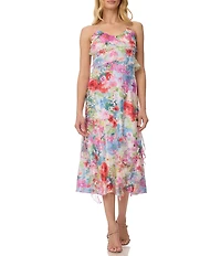 Komarov Printed Charmeuse Sheath Midi Dress With Chiffon Cascading Ruffles