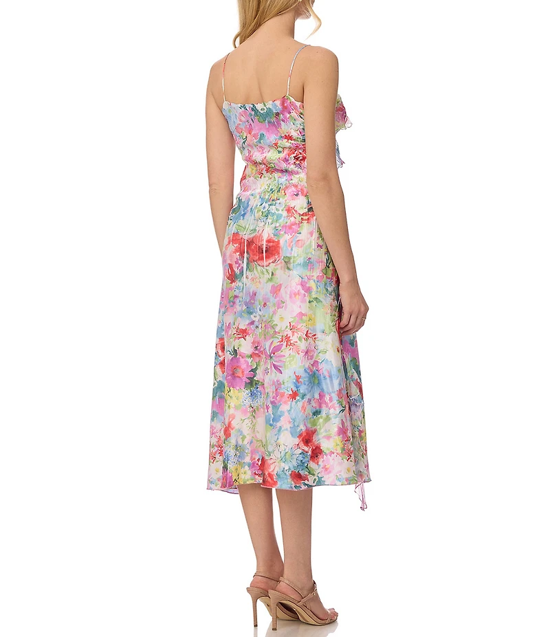Komarov Printed Charmeuse Sheath Midi Dress With Chiffon Cascading Ruffles