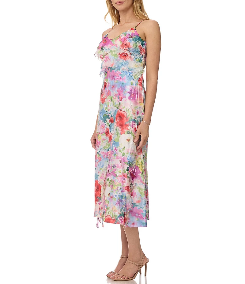 Komarov Printed Charmeuse Sheath Midi Dress With Chiffon Cascading Ruffles
