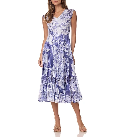 Komarov Printed Cap Sleeve Tea Length Dress