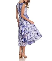 Komarov Printed Cap Sleeve Tea Length Dress