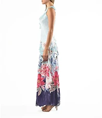 Komarov Ruffle V-neck Sleeveless Floral Print Charmeuse Maxi Dress