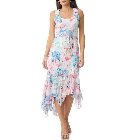 Komarov Scoop Neck Postcard Print Midi Dress