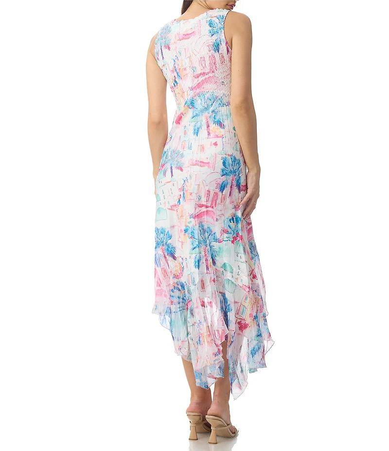 Komarov Scoop Neck Postcard Print Midi Dress
