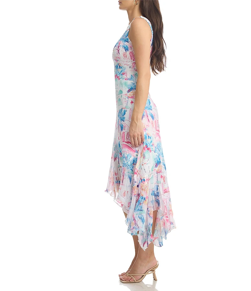 Komarov Scoop Neck Postcard Print Midi Dress