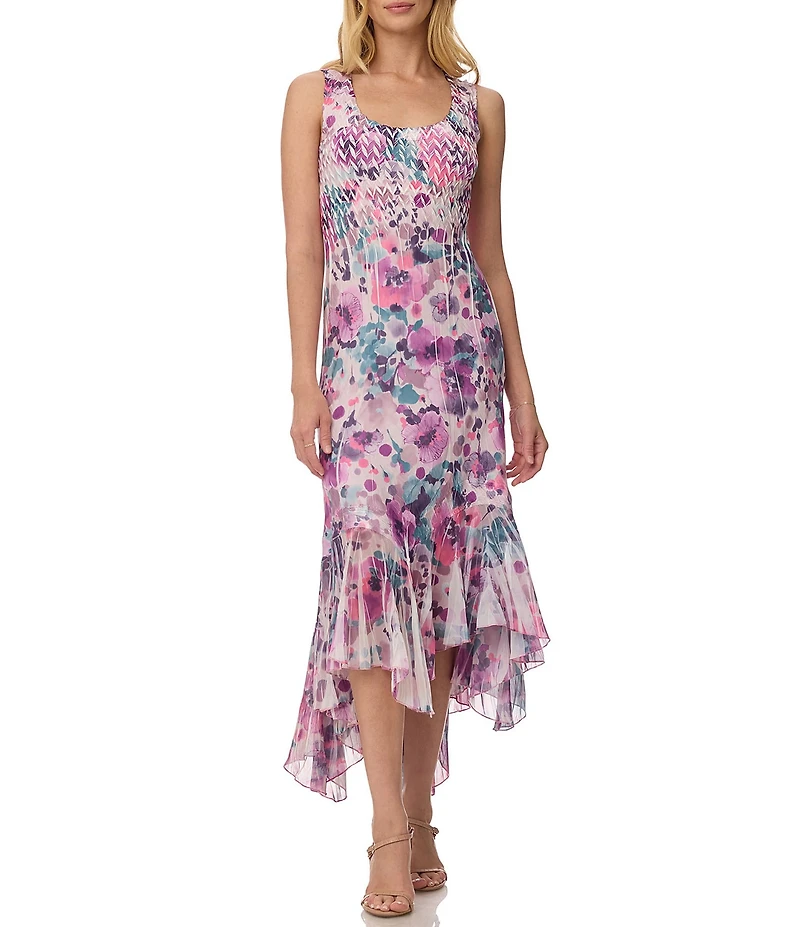Komarov Sheath Floral Print Maxi High Low Dress With Cascading Ruffle