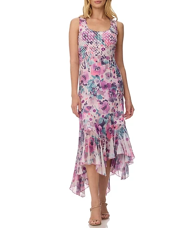 Komarov Sheath Floral Print Maxi High Low Dress With Cascading Ruffle