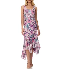 Komarov Sheath Floral Print Maxi High Low Dress With Cascading Ruffle