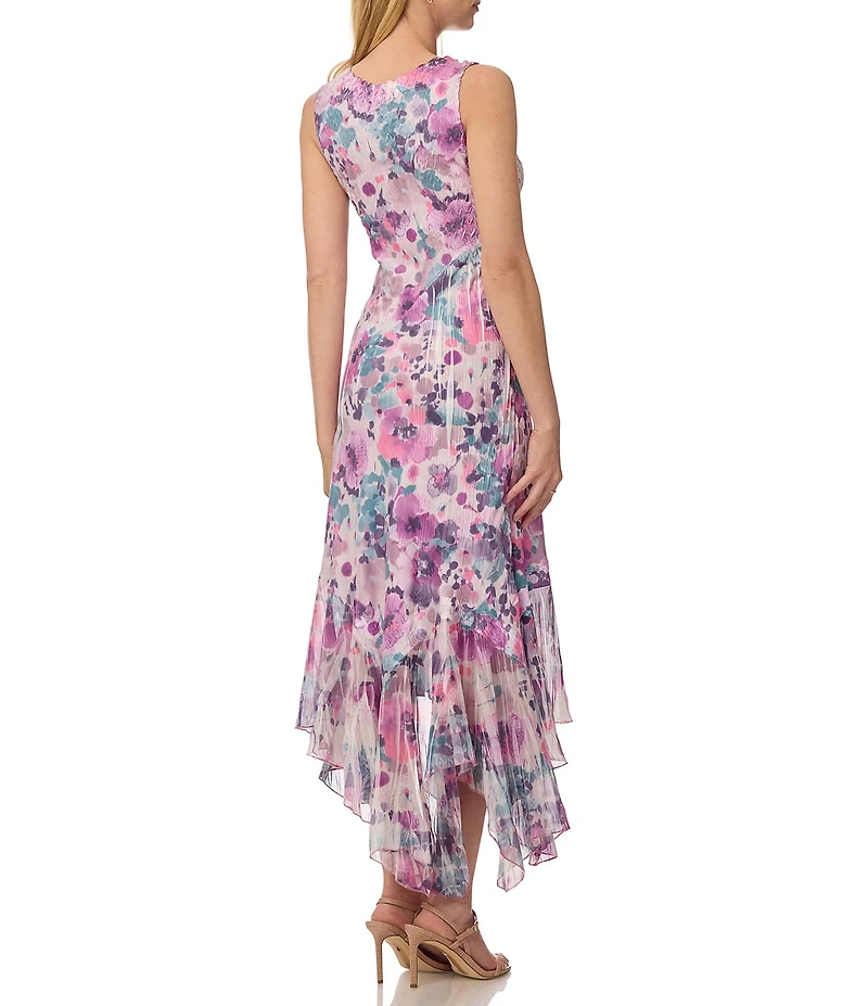 Komarov Sheath Floral Print Maxi High Low Dress With Cascading Ruffle