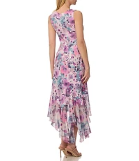 Komarov Sheath Floral Print Maxi High Low Dress With Cascading Ruffle