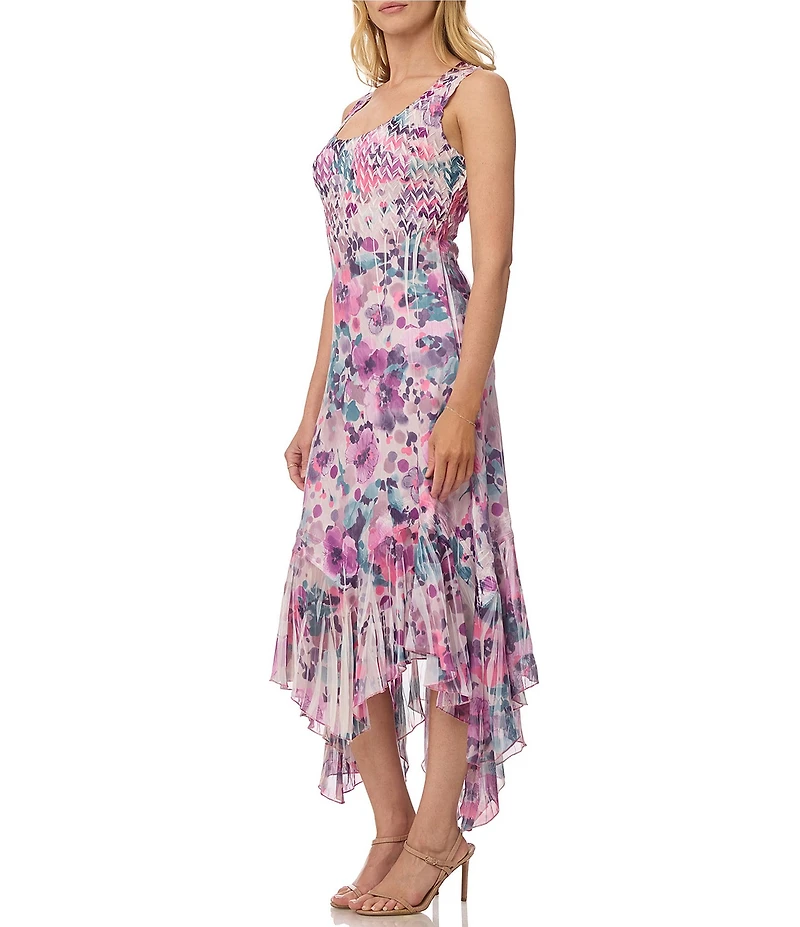 Komarov Sheath Floral Print Maxi High Low Dress With Cascading Ruffle