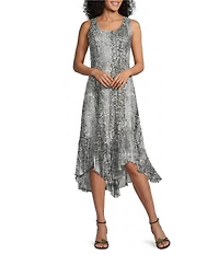 Komarov Sleeveless Snake Asymmetrical Hem Midi Dress