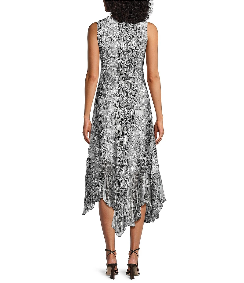 Komarov Sleeveless Snake Asymmetrical Hem Midi Dress