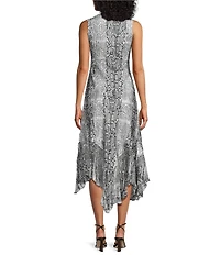 Komarov Sleeveless Snake Asymmetrical Hem Midi Dress