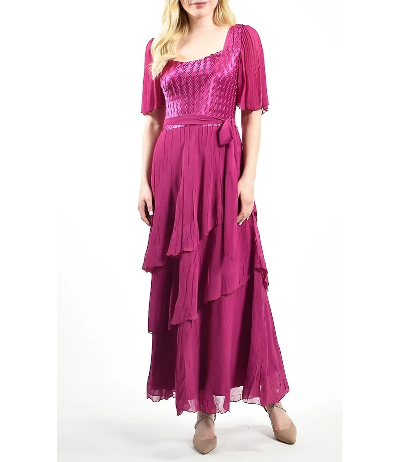 Komarov Square Neck Tiered Bottom Chiffon Sleeve Gown