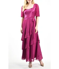 Komarov Square Neck Tiered Bottom Chiffon Sleeve Gown
