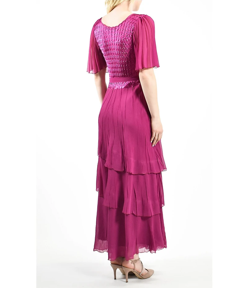 Komarov Square Neck Tiered Bottom Chiffon Sleeve Gown