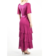 Komarov Square Neck Tiered Bottom Chiffon Sleeve Gown