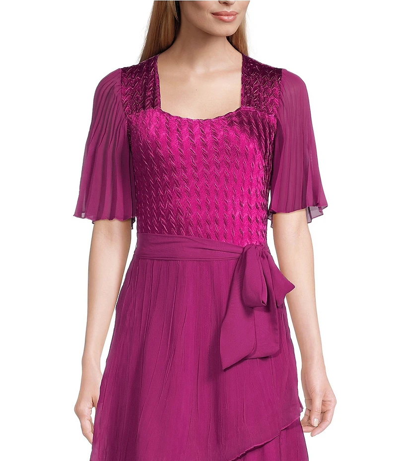 Komarov Square Neck Tiered Bottom Chiffon Sleeve Gown