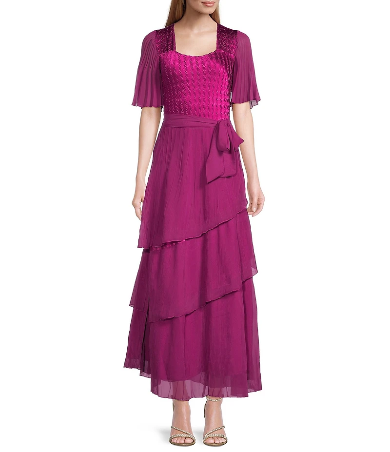 Komarov Square Neck Tiered Bottom Chiffon Sleeve Gown